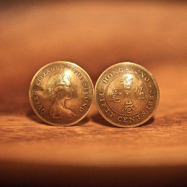 Cufflinks with Hong Kong Old 50 Cents in Brass Color (1977-1990)